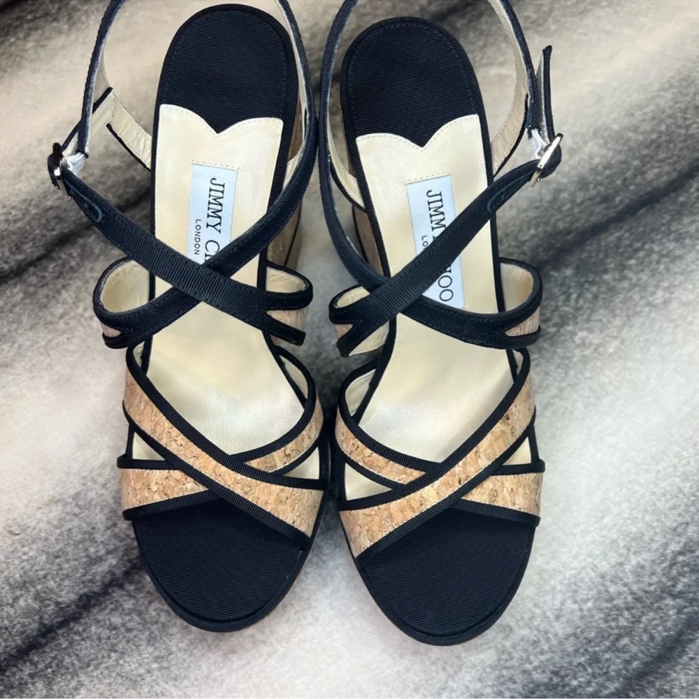 Jimmy Choo Alissa 120 mm Natural Black Cork Grosgrain Wedge Platform Heels